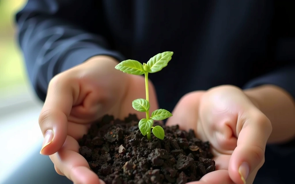 A serene image of hands gently holding a small, vibrant green plant growing from rich soil, symbolizing natural growth, care, and sustainability.