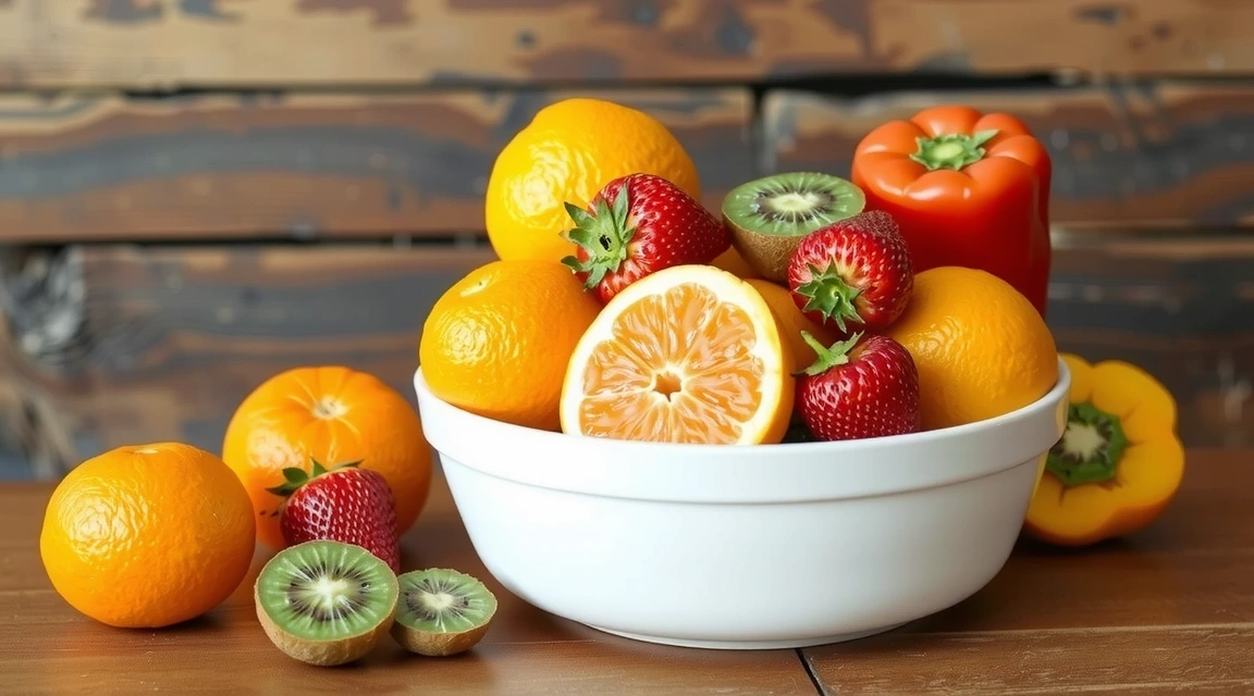 A bowl of colorful fruits and vegetables rich in vitamin C, symbolizing natural collagen boosters.