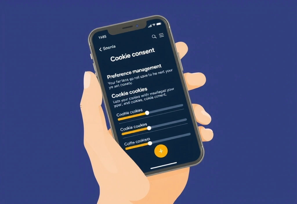 Illustration of a person's hand holding a smartphone, with cookie preferences settings on the screen