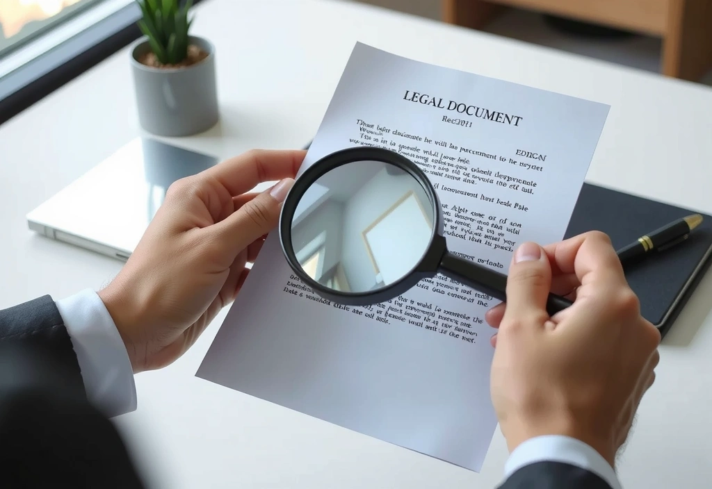 A person reading a legal document with a magnifying glass, symbolizing terms and conditions review.